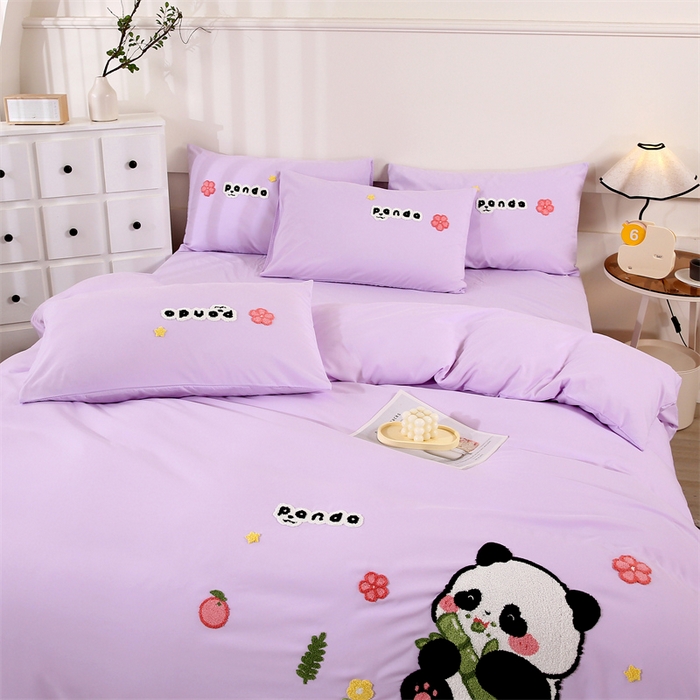 91家纺网 家纺一手货源 找家纺 优米家纺 2025新款A类水洗棉毛巾绣四件套-熊猫 熊猫-神秘紫