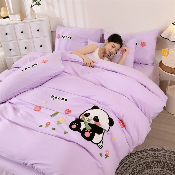 91家纺网 家纺一手货源 找家纺 优米家纺 2025新款A类水洗棉毛巾绣四件套-熊猫 熊猫-神秘紫