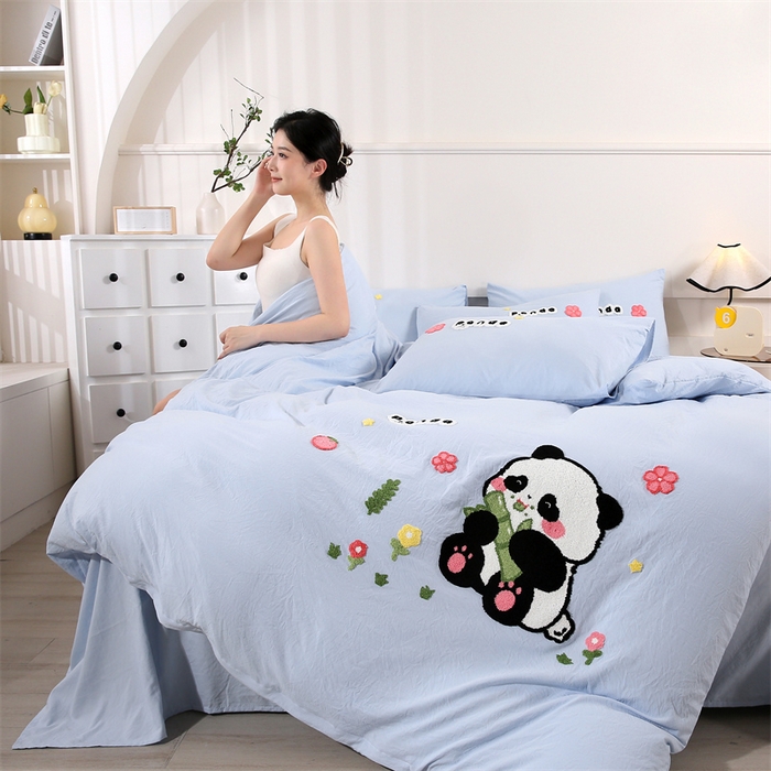 优米家纺 2025新款A类水洗棉毛巾绣四件套-熊猫 熊猫-天空蓝