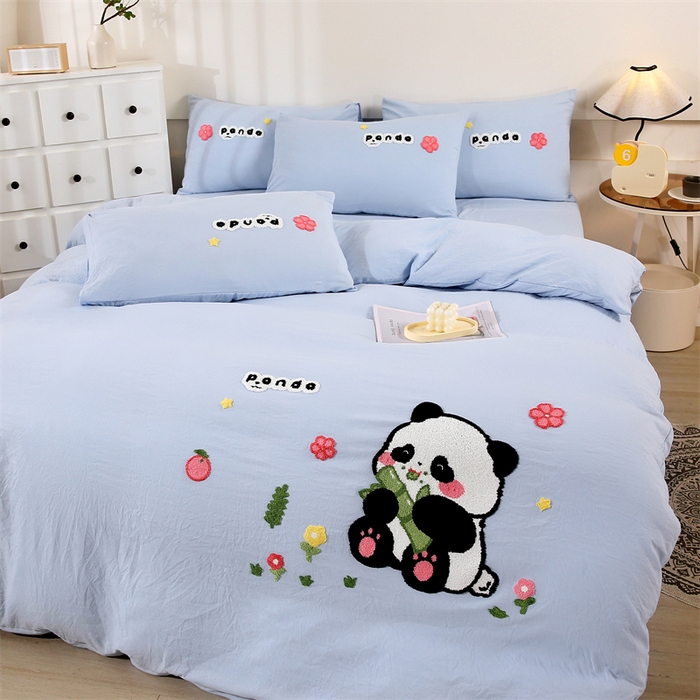 91家纺网 家纺一手货源 找家纺 优米家纺 2025新款A类水洗棉毛巾绣四件套-熊猫 熊猫-天空蓝