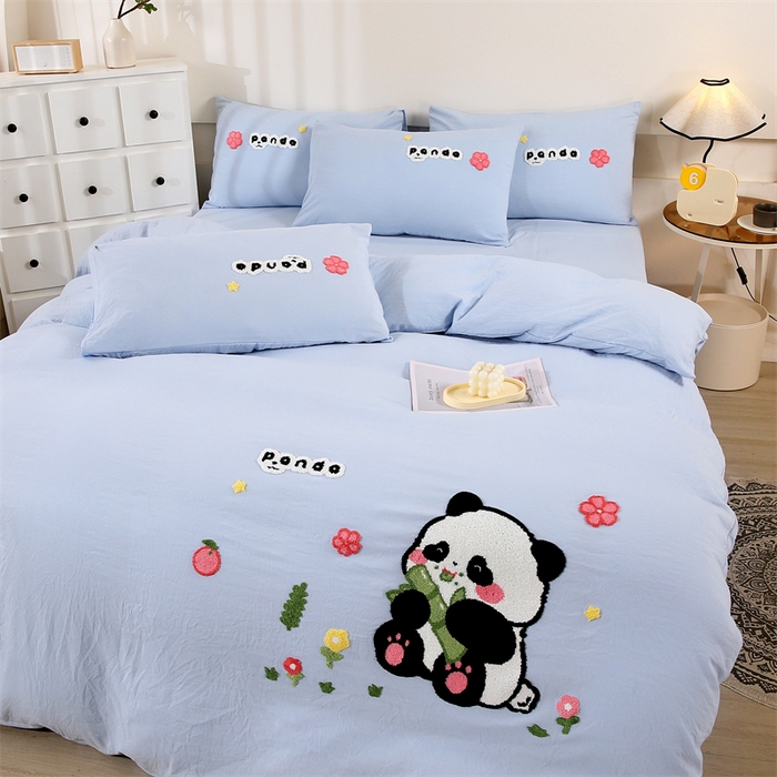 91家纺网 家纺一手货源 找家纺 优米家纺 2025新款A类水洗棉毛巾绣四件套-熊猫 熊猫-天空蓝