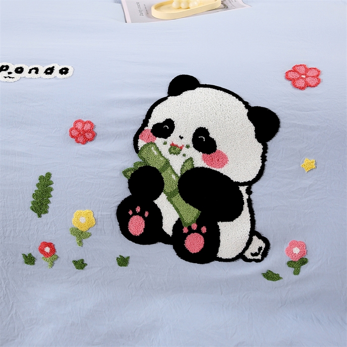 91家纺网 家纺一手货源 找家纺 优米家纺 2025新款A类水洗棉毛巾绣四件套-熊猫 熊猫-天空蓝