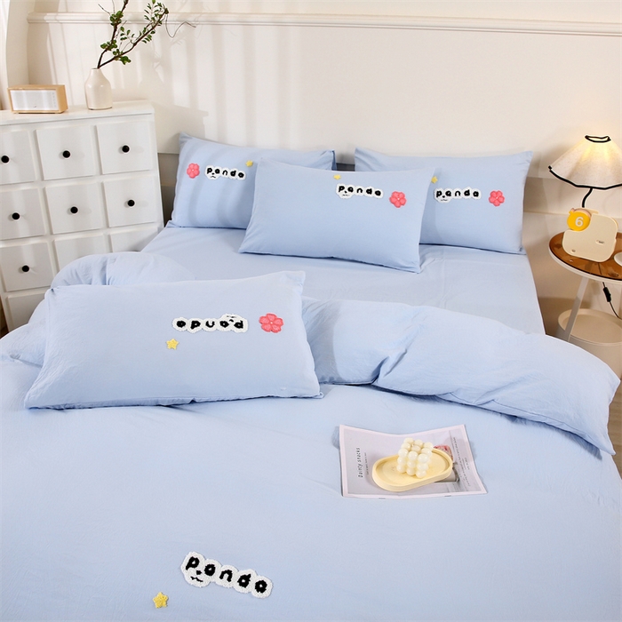 91家纺网 家纺一手货源 找家纺 优米家纺 2025新款A类水洗棉毛巾绣四件套-熊猫 熊猫-天空蓝