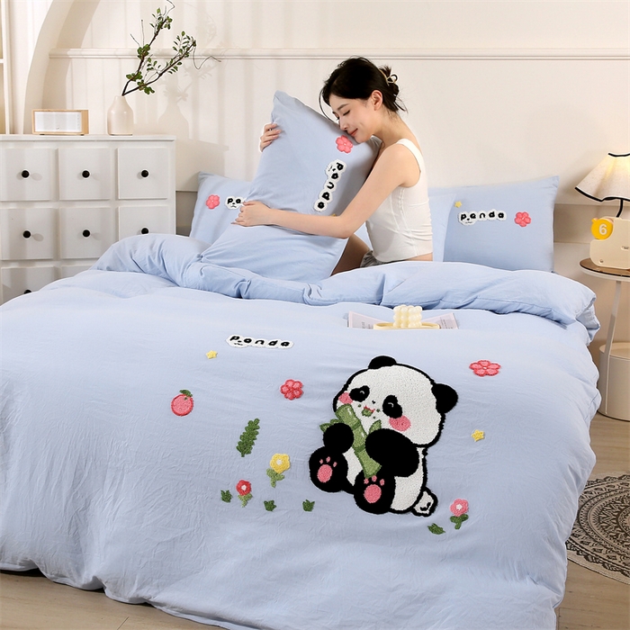 91家纺网 家纺一手货源 找家纺 优米家纺 2025新款A类水洗棉毛巾绣四件套-熊猫 熊猫-天空蓝