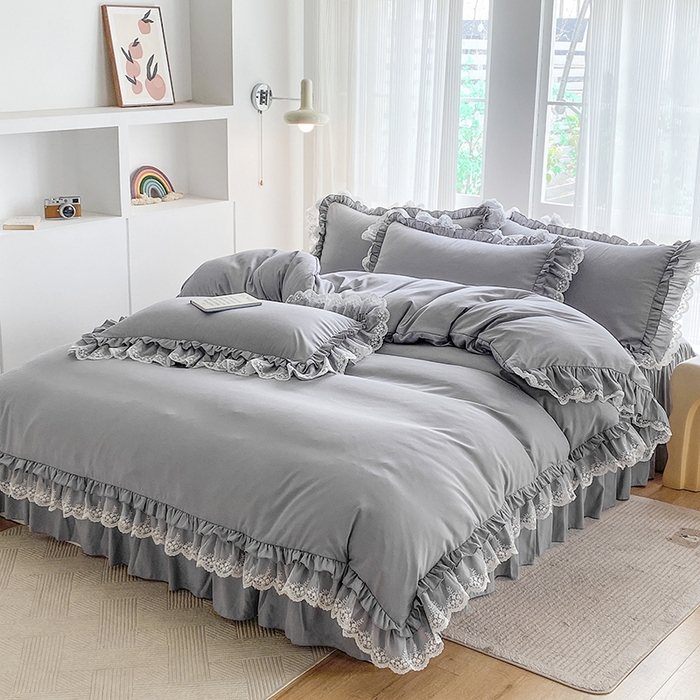 91家纺网 家纺一手货源 找家纺 乐卧家居 2026新款静奢老钱风精致蕾丝时尚花边繁花-典雅版系列四件套 繁花-典雅版灰色