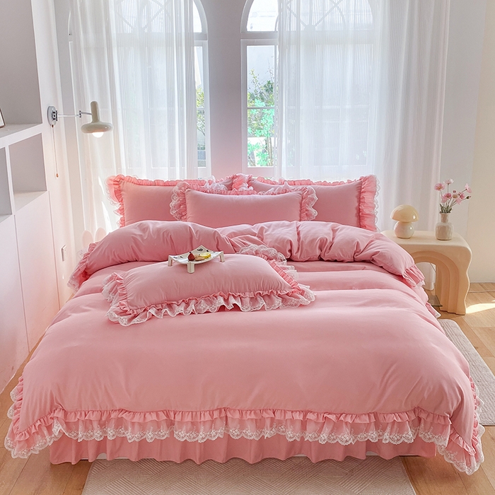 91家纺网 家纺一手货源 找家纺 乐卧家居 2026新款静奢老钱风精致蕾丝时尚花边繁花-典雅版系列四件套 繁花-典雅版粉色