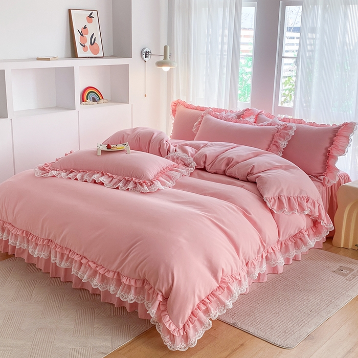 91家纺网 家纺一手货源 找家纺 乐卧家居 2026新款静奢老钱风精致蕾丝时尚花边繁花-典雅版系列四件套 繁花-典雅版粉色