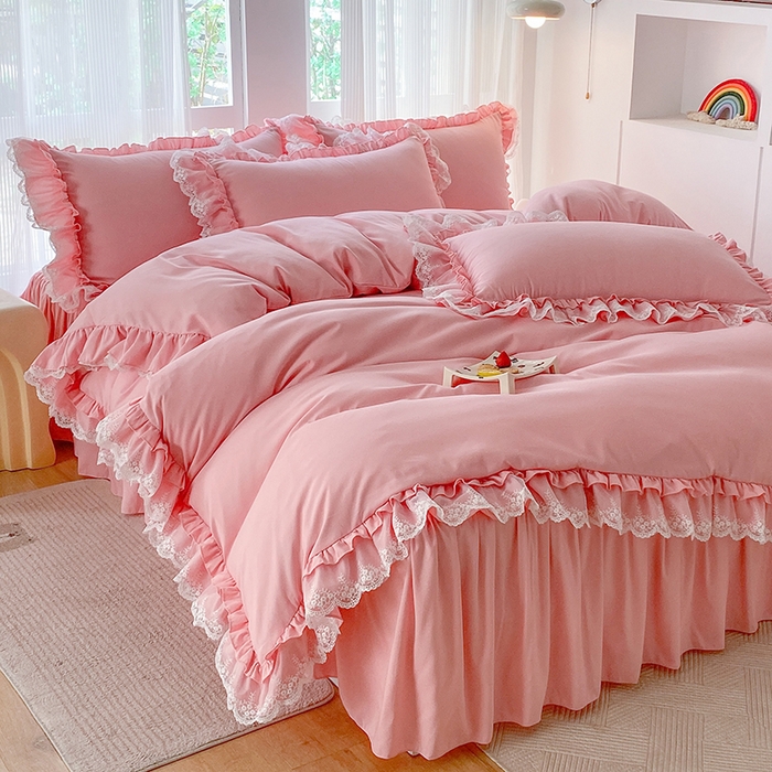 91家纺网 家纺一手货源 找家纺 乐卧家居 2026新款静奢老钱风精致蕾丝时尚花边繁花-典雅版系列四件套 繁花-典雅版粉色