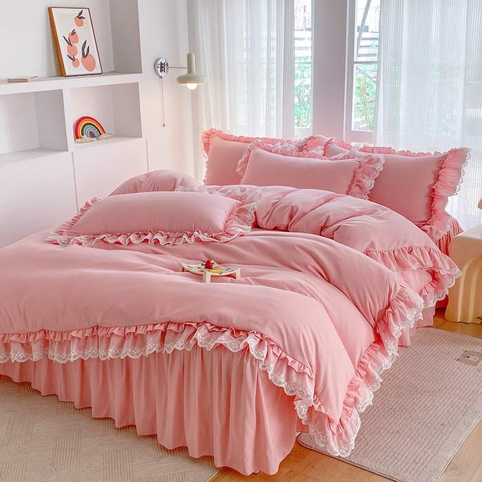 91家纺网 家纺一手货源 找家纺 乐卧家居 2026新款静奢老钱风精致蕾丝时尚花边繁花-典雅版系列四件套 繁花-典雅版粉色