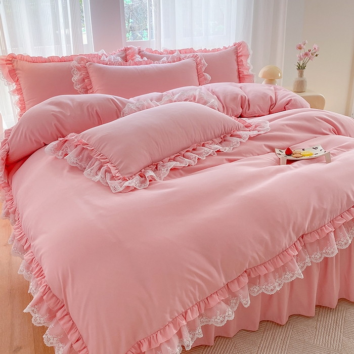 91家纺网 家纺一手货源 找家纺 乐卧家居 2026新款静奢老钱风精致蕾丝时尚花边繁花-典雅版系列四件套 繁花-典雅版粉色