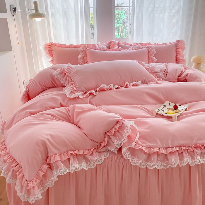 91家纺网 家纺一手货源 找家纺 乐卧家居 2026新款静奢老钱风精致蕾丝时尚花边繁花-典雅版系列四件套 繁花-典雅版粉色