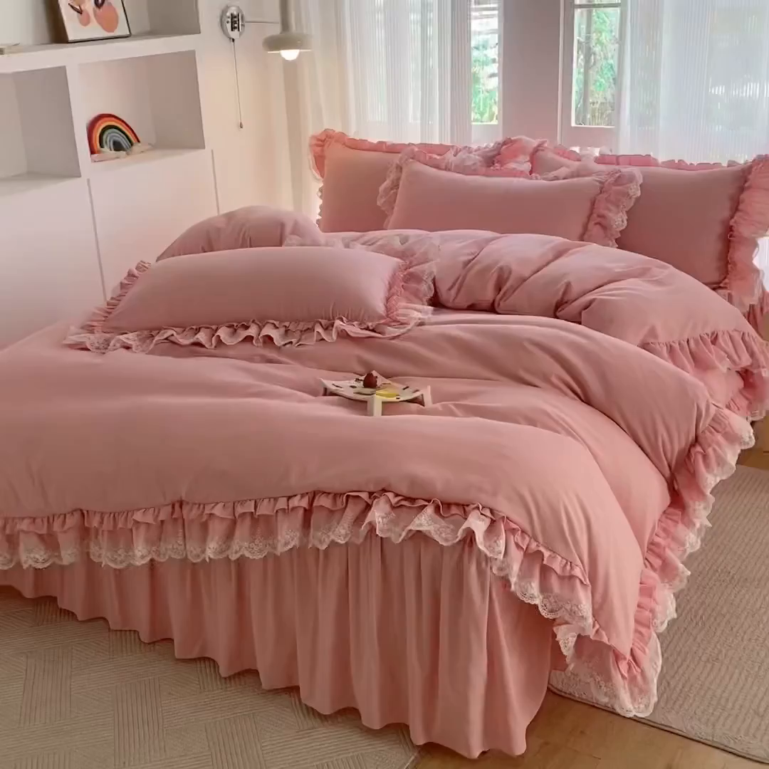 91家纺网 家纺一手货源 找家纺 乐卧家居 2026新款静奢老钱风精致蕾丝时尚花边繁花-典雅版系列四件套 繁花-典雅版粉色