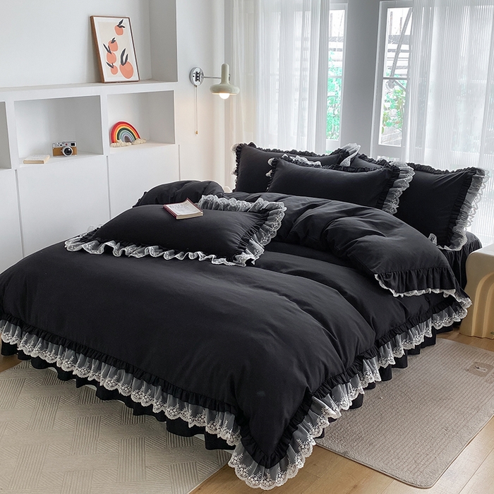 91家纺网 家纺一手货源 找家纺 乐卧家居 2026新款静奢老钱风精致蕾丝时尚花边繁花-典雅版系列四件套 繁花-典雅版黑色