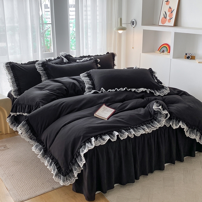91家纺网 家纺一手货源 找家纺 乐卧家居 2026新款静奢老钱风精致蕾丝时尚花边繁花-典雅版系列四件套 繁花-典雅版黑色
