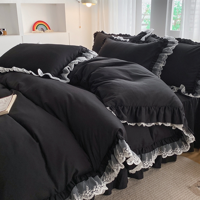 91家纺网 家纺一手货源 找家纺 乐卧家居 2026新款静奢老钱风精致蕾丝时尚花边繁花-典雅版系列四件套 繁花-典雅版黑色