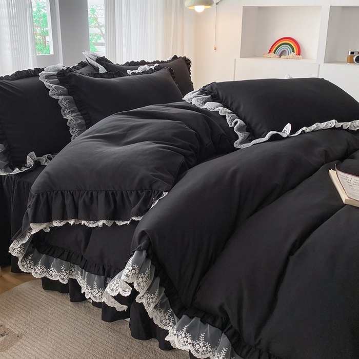 91家纺网 家纺一手货源 找家纺 乐卧家居 2026新款静奢老钱风精致蕾丝时尚花边繁花-典雅版系列四件套 繁花-典雅版黑色
