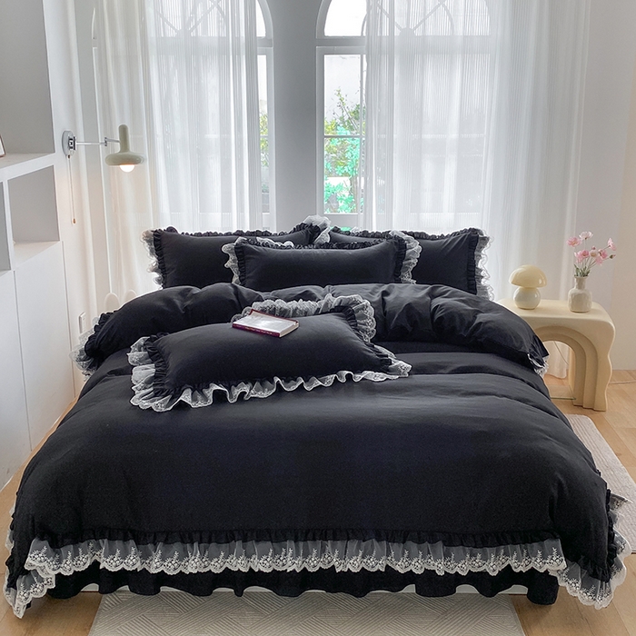 91家纺网 家纺一手货源 找家纺 乐卧家居 2026新款静奢老钱风精致蕾丝时尚花边繁花-典雅版系列四件套 繁花-典雅版黑色