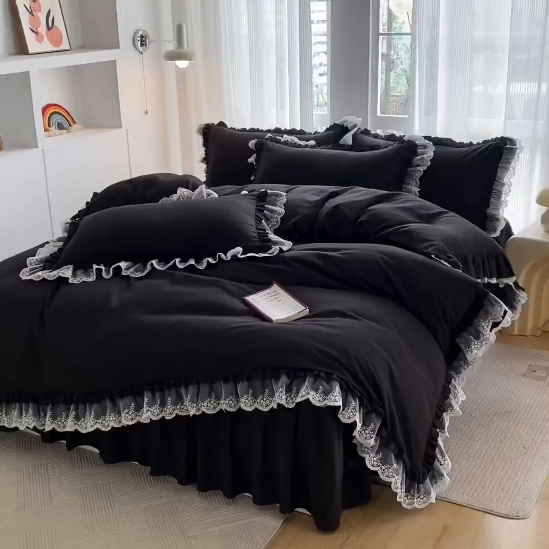 91家纺网 家纺一手货源 找家纺 乐卧家居 2026新款静奢老钱风精致蕾丝时尚花边繁花-典雅版系列四件套 繁花-典雅版黑色