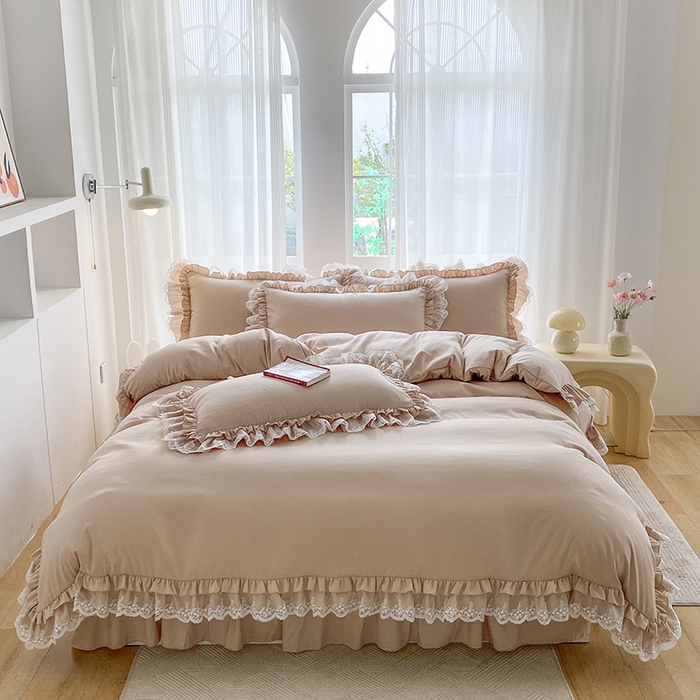 91家纺网 家纺一手货源 找家纺 乐卧家居 2026新款静奢老钱风精致蕾丝时尚花边繁花-典雅版系列四件套 繁花-典雅版咖色