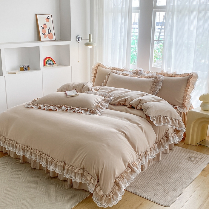 91家纺网 家纺一手货源 找家纺 乐卧家居 2026新款静奢老钱风精致蕾丝时尚花边繁花-典雅版系列四件套 繁花-典雅版咖色