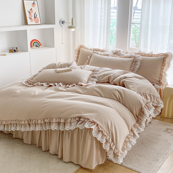 91家纺网 家纺一手货源 找家纺 乐卧家居 2026新款静奢老钱风精致蕾丝时尚花边繁花-典雅版系列四件套 繁花-典雅版咖色