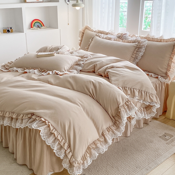 91家纺网 家纺一手货源 找家纺 乐卧家居 2026新款静奢老钱风精致蕾丝时尚花边繁花-典雅版系列四件套 繁花-典雅版咖色