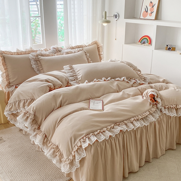 91家纺网 家纺一手货源 找家纺 乐卧家居 2026新款静奢老钱风精致蕾丝时尚花边繁花-典雅版系列四件套 繁花-典雅版咖色