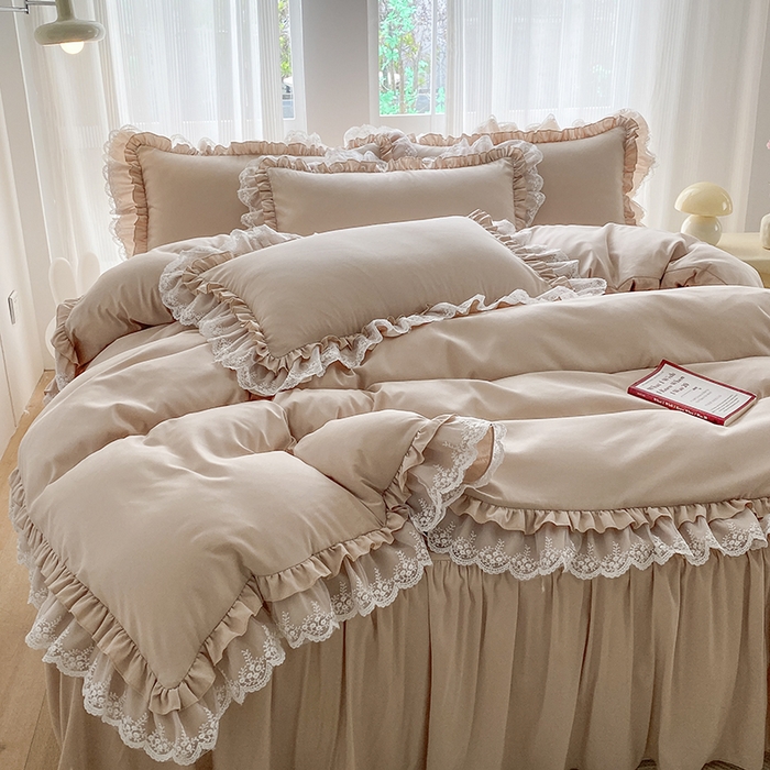 91家纺网 家纺一手货源 找家纺 乐卧家居 2026新款静奢老钱风精致蕾丝时尚花边繁花-典雅版系列四件套 繁花-典雅版咖色