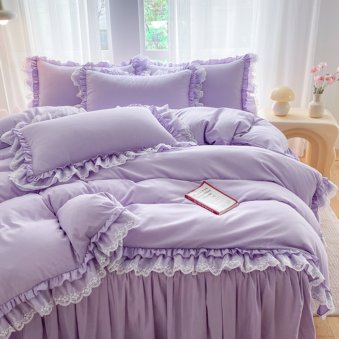 91家纺网 家纺一手货源 找家纺 乐卧家居 2026新款静奢老钱风精致蕾丝时尚花边繁花-典雅版系列四件套 繁花-典雅版紫色