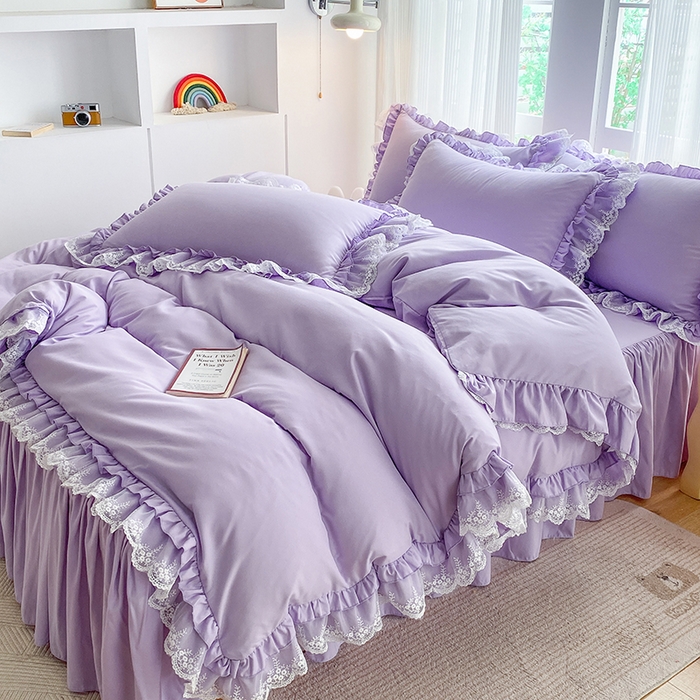 91家纺网 家纺一手货源 找家纺 乐卧家居 2026新款静奢老钱风精致蕾丝时尚花边繁花-典雅版系列四件套 繁花-典雅版紫色