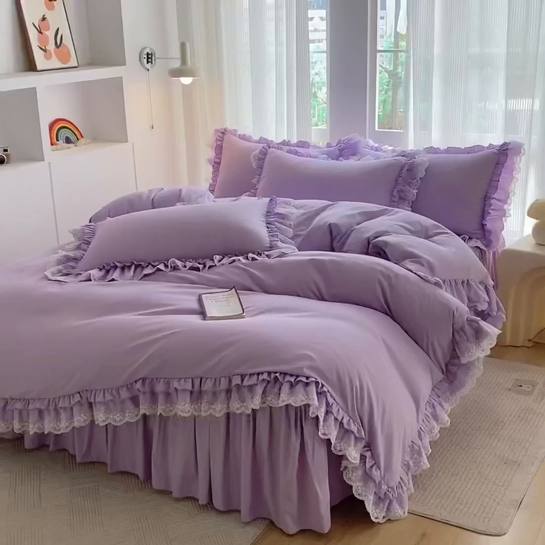 91家纺网 家纺一手货源 找家纺 乐卧家居 2026新款静奢老钱风精致蕾丝时尚花边繁花-典雅版系列四件套 繁花-典雅版紫色