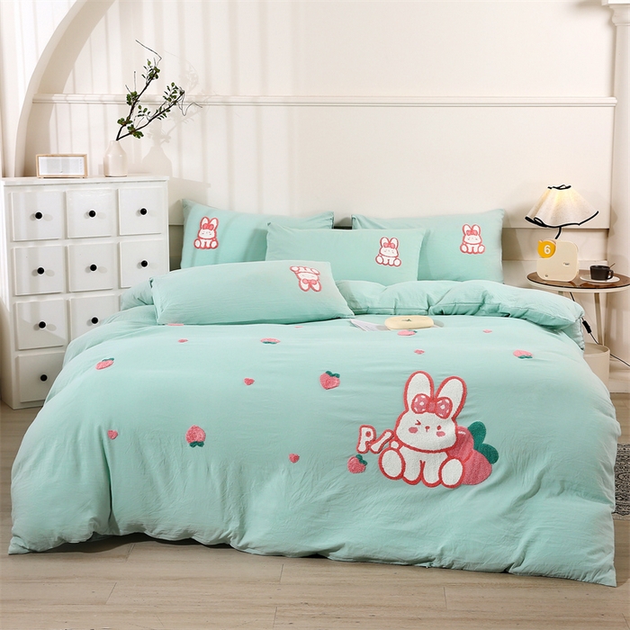 91家纺网 家纺一手货源 找家纺 （总）优米家纺 2025新款A类水洗棉毛巾绣四件套-桃子兔