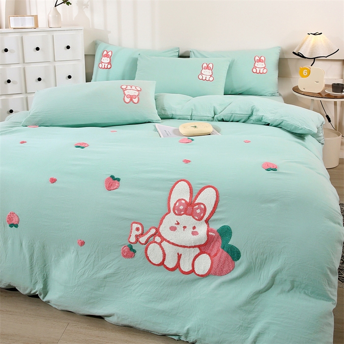 91家纺网 家纺一手货源 找家纺 （总）优米家纺 2025新款A类水洗棉毛巾绣四件套-桃子兔