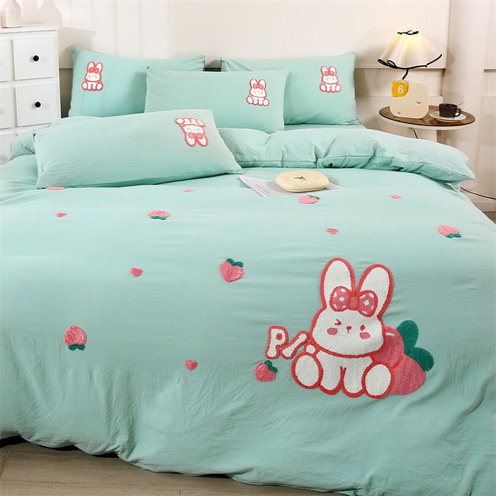 91家纺网 家纺一手货源 找家纺 （总）优米家纺 2025新款A类水洗棉毛巾绣四件套-桃子兔