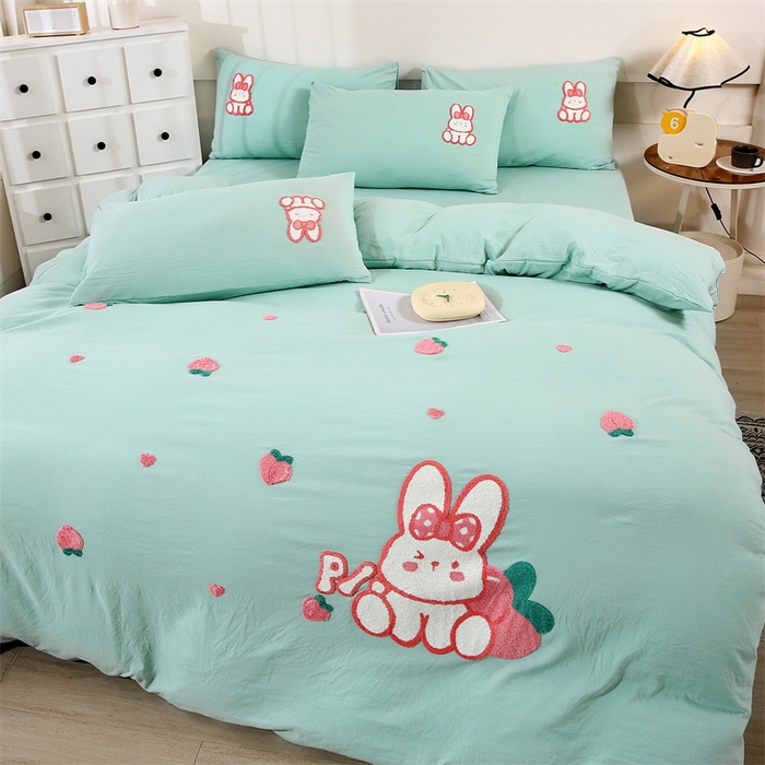 91家纺网 家纺一手货源 找家纺 （总）优米家纺 2025新款A类水洗棉毛巾绣四件套-桃子兔