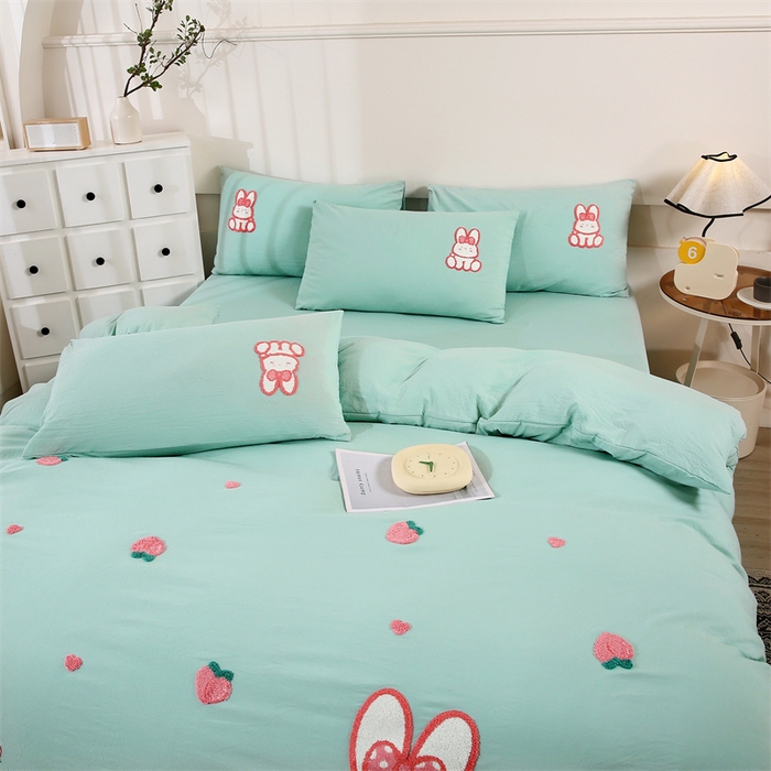 91家纺网 家纺一手货源 找家纺 （总）优米家纺 2025新款A类水洗棉毛巾绣四件套-桃子兔