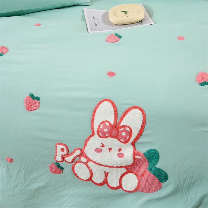 91家纺网 家纺一手货源 找家纺 （总）优米家纺 2025新款A类水洗棉毛巾绣四件套-桃子兔