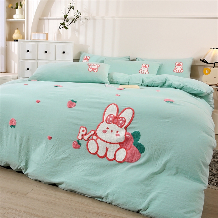 91家纺网 家纺一手货源 找家纺 （总）优米家纺 2025新款A类水洗棉毛巾绣四件套-桃子兔