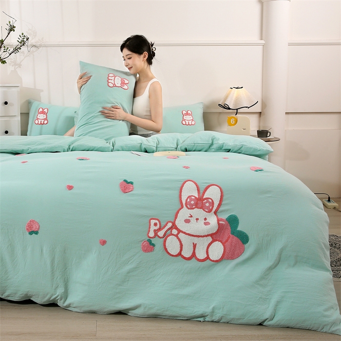 91家纺网 家纺一手货源 找家纺 （总）优米家纺 2025新款A类水洗棉毛巾绣四件套-桃子兔