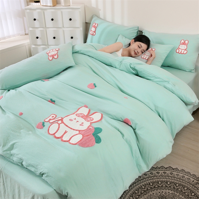 优米家纺 2025新款A类水洗棉毛巾绣四件套-桃子兔 桃子兔-青草绿