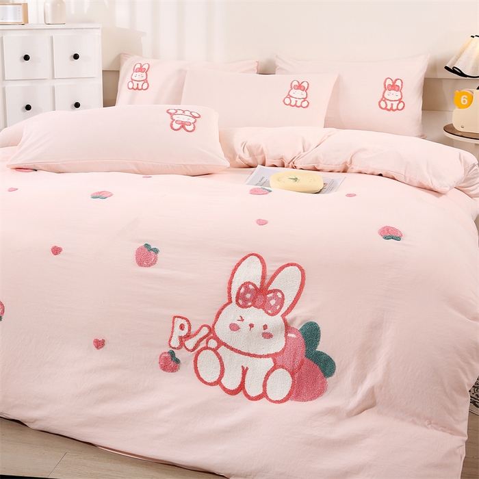 91家纺网 家纺一手货源 找家纺 优米家纺 2025新款A类水洗棉毛巾绣四件套-桃子兔 桃子兔-柔情玉