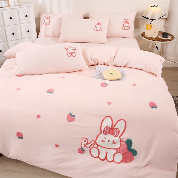 91家纺网 家纺一手货源 找家纺 优米家纺 2025新款A类水洗棉毛巾绣四件套-桃子兔 桃子兔-柔情玉