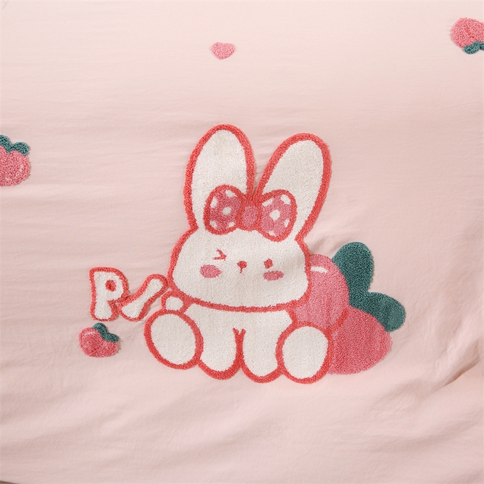 91家纺网 家纺一手货源 找家纺 优米家纺 2025新款A类水洗棉毛巾绣四件套-桃子兔 桃子兔-柔情玉