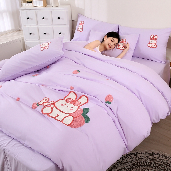 优米家纺 2025新款A类水洗棉毛巾绣四件套-桃子兔 桃子兔-神秘紫