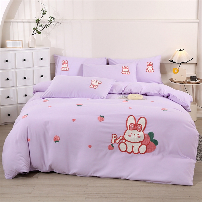 91家纺网 家纺一手货源 找家纺 优米家纺 2025新款A类水洗棉毛巾绣四件套-桃子兔 桃子兔-神秘紫