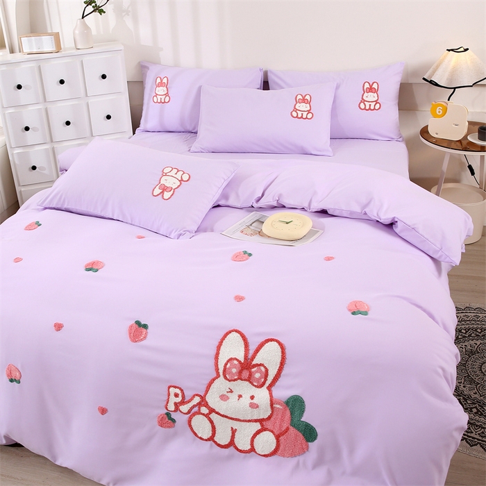 91家纺网 家纺一手货源 找家纺 优米家纺 2025新款A类水洗棉毛巾绣四件套-桃子兔 桃子兔-神秘紫