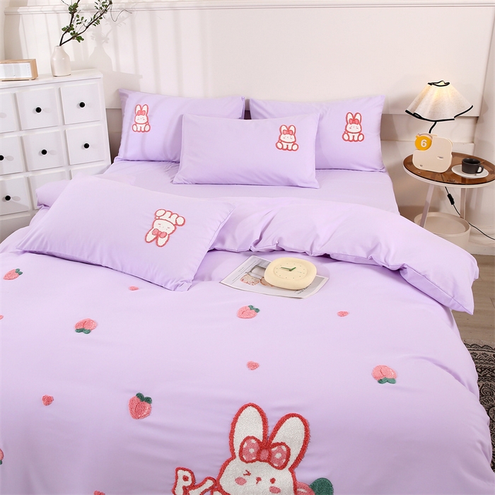 91家纺网 家纺一手货源 找家纺 优米家纺 2025新款A类水洗棉毛巾绣四件套-桃子兔 桃子兔-神秘紫