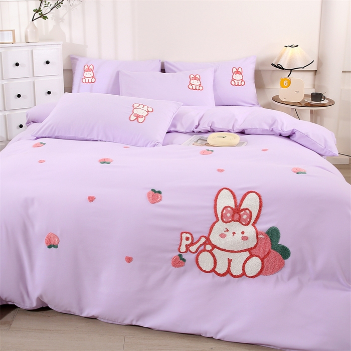 91家纺网 家纺一手货源 找家纺 优米家纺 2025新款A类水洗棉毛巾绣四件套-桃子兔 桃子兔-神秘紫