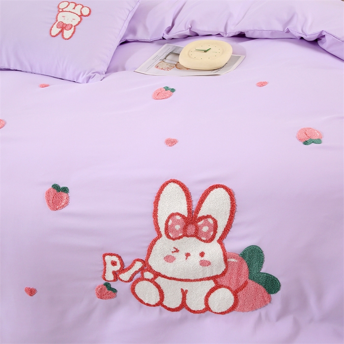 91家纺网 家纺一手货源 找家纺 优米家纺 2025新款A类水洗棉毛巾绣四件套-桃子兔 桃子兔-神秘紫