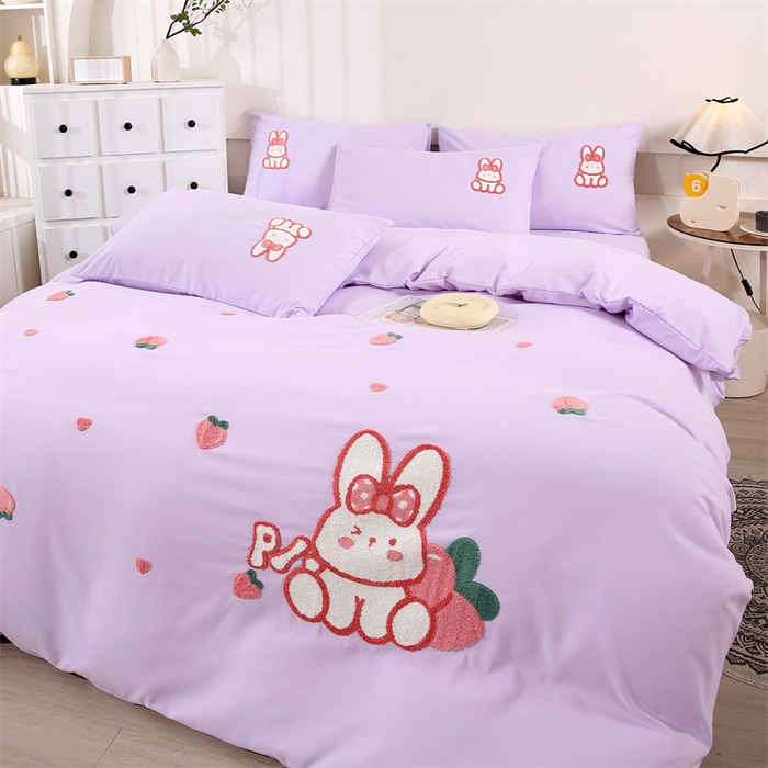 91家纺网 家纺一手货源 找家纺 优米家纺 2025新款A类水洗棉毛巾绣四件套-桃子兔 桃子兔-神秘紫